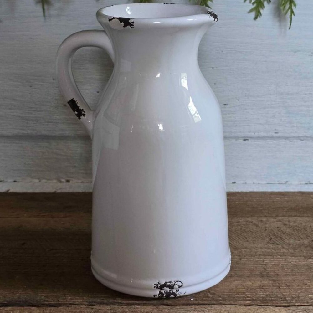Small White & Brown Ceramic Distressed Milk Pitcher Farmhouse Kitchen Decor - Picture 5 of 9
